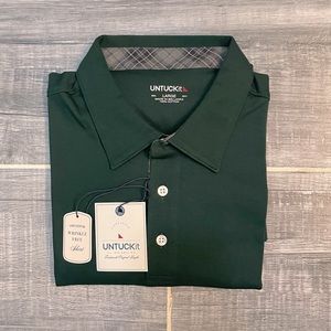 Untuckit mens large dark forest green long sleeve cotton polo with plaid placket